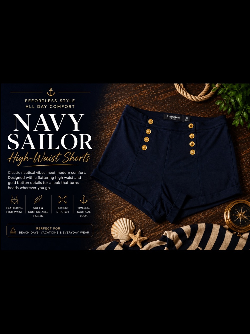 Boom Boom Jeans Navy High-Waist Sailor Shorts with Gold Buttons